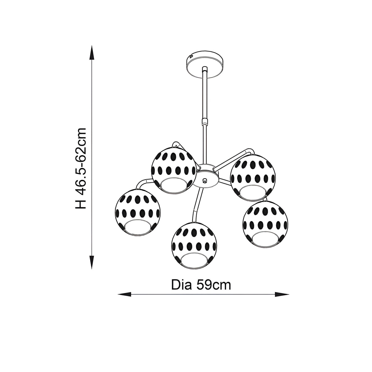 Endon Draycott 5 light pendant technical drawing showing five dimpled glass shades on a brass frame, 59cm diameter and 46.5–62cm adjustable drop.