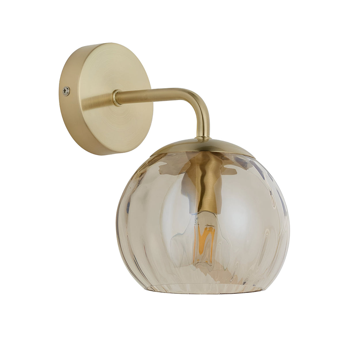 Endon Draycott wall light with a single champagne dimpled glass globe shade on a satin brass arm and round backplate, shown on a white background.