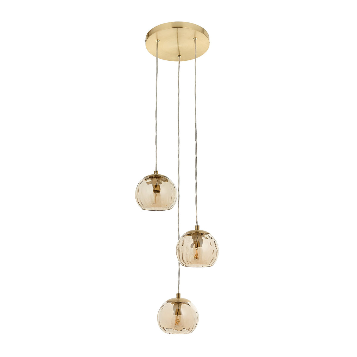 Draycott 3-Light Dimpled Glass Pendant in Satin Brass with round ceiling rose and three cascading champagne-tone globe shades on brass cables.