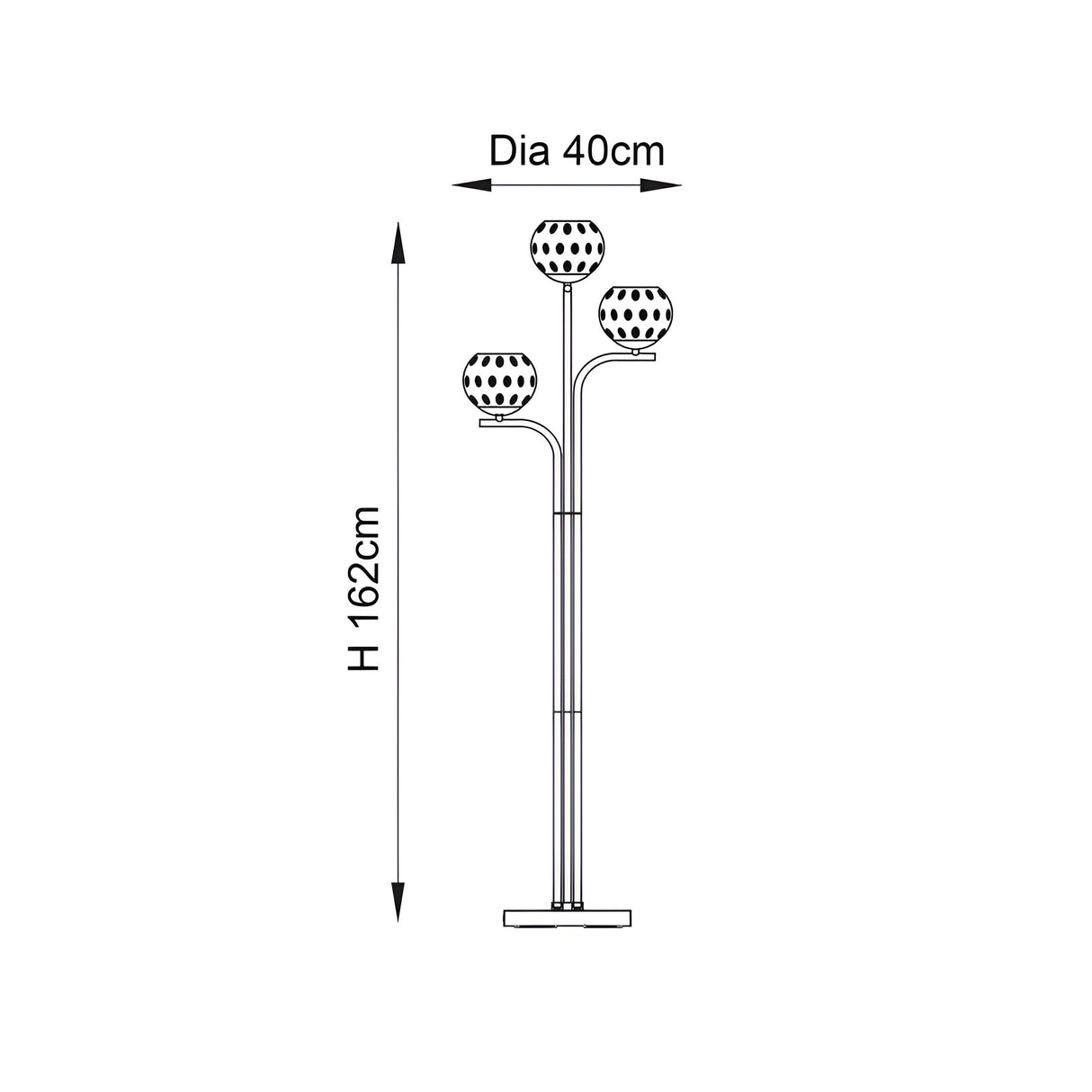 Dimensions diagram of the Endon Draycott 3 light dimpled glass floor lamp showing 162cm height and 40cm shade spread on a white background.