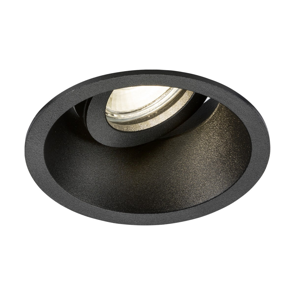 The Dipa Single Tilt Recessed Round Downlight in black showcases a circular design with a visible bulb nestled within its deep, round housing. This product provides discrete low glare lighting and is compatible with Knightsbridge GU10 light sources, ideal for delivering subtle and focused illumination in indoor spaces.