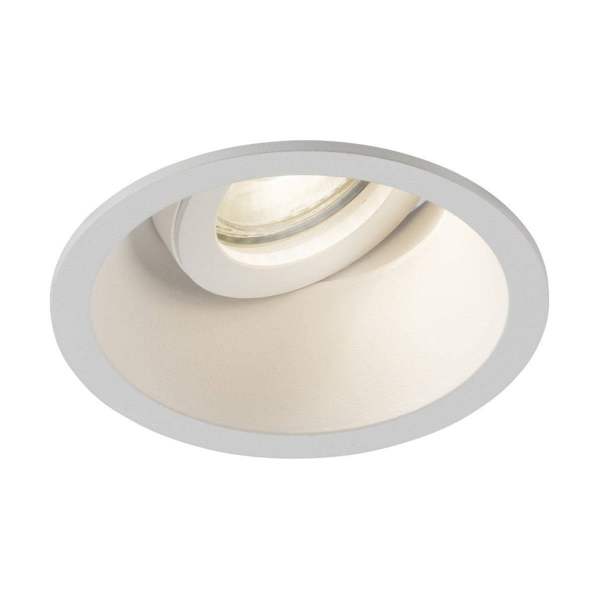 The Dipa Single Tilt Recessed Round Downlight in white is featured, showcasing a spotlight design. This light fixture is set within a circular trim and can be tilted slightly, offering discrete lighting and customizable options to enhance any space.