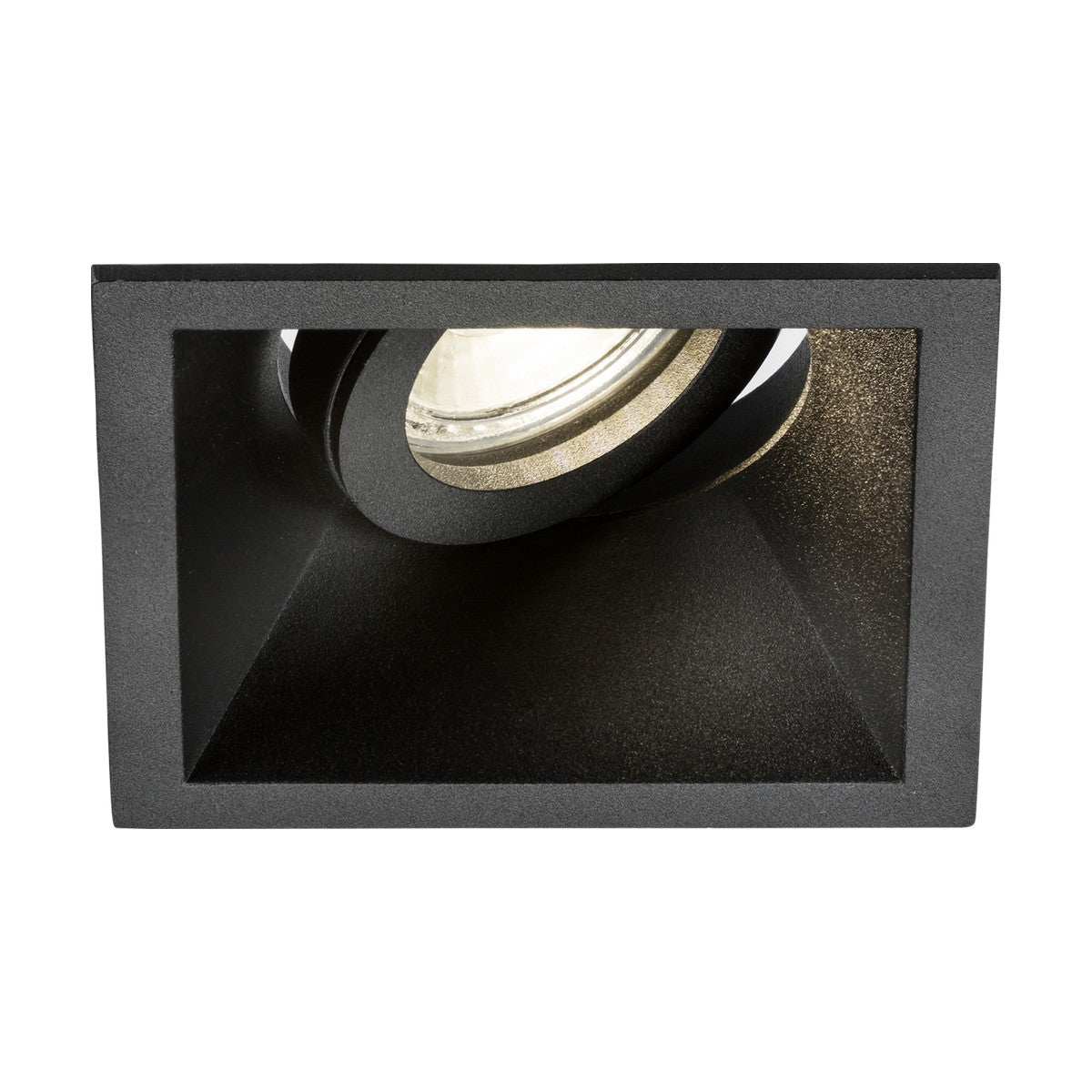 The Dipa Single Tilt Recessed Square Downlight in black provides discrete low-glare lighting with its adjustable spotlight. It features a geometric frame with a matte finish, accommodating a single cylindrical GU10 light source.