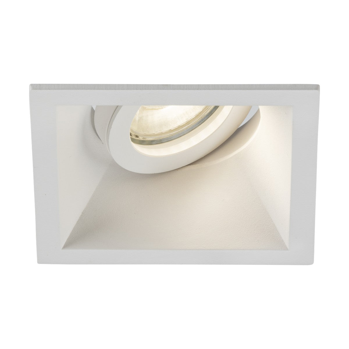 The Dipa Single Tilt Recessed Square Downlight - White features a minimalist square design with an adjustable circular spotlight for discreet lighting. Its low-glare glow complements the ceiling's simplicity, and the versatile configuration options allow it to adapt to any room ambiance.