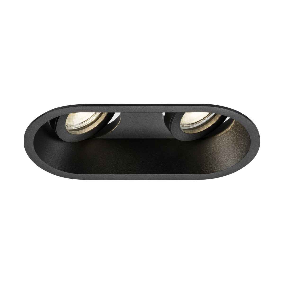 Close-up view of the Dipa Twin Tilt Recessed Round Downlight in black, featuring two adjustable lenses. Its round enclosure and anti-glare design contribute to a contemporary aesthetic, making it ideal for discreet indoor lighting.