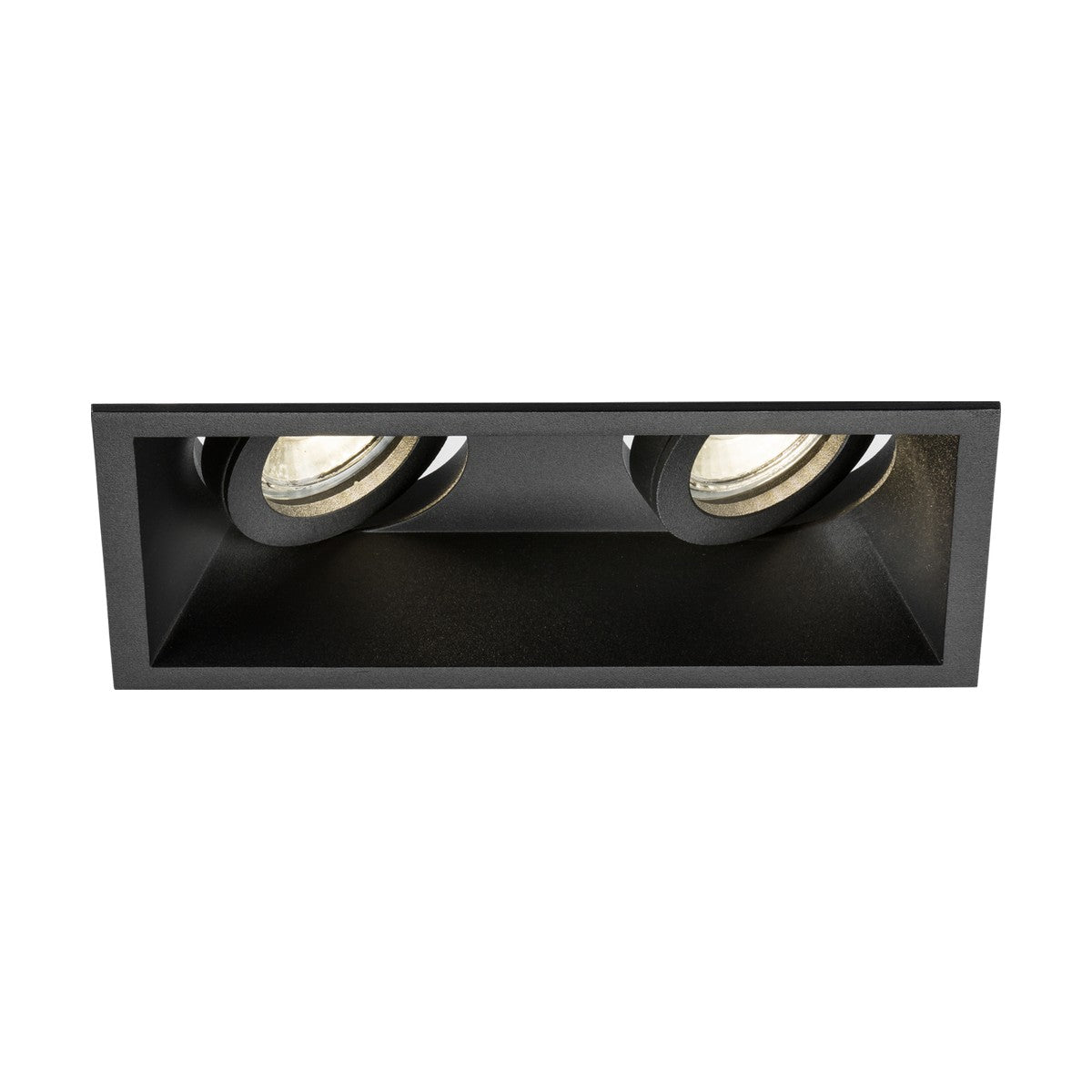 The Dipa Twin Tilt Recessed Square Downlight in black from Dipa Lighting offers an anti-glare design with two adjustable round bulbs. Perfect for directional illumination, this fixture is compatible with Knightsbridge GU10 bulbs, providing optimal lighting control.