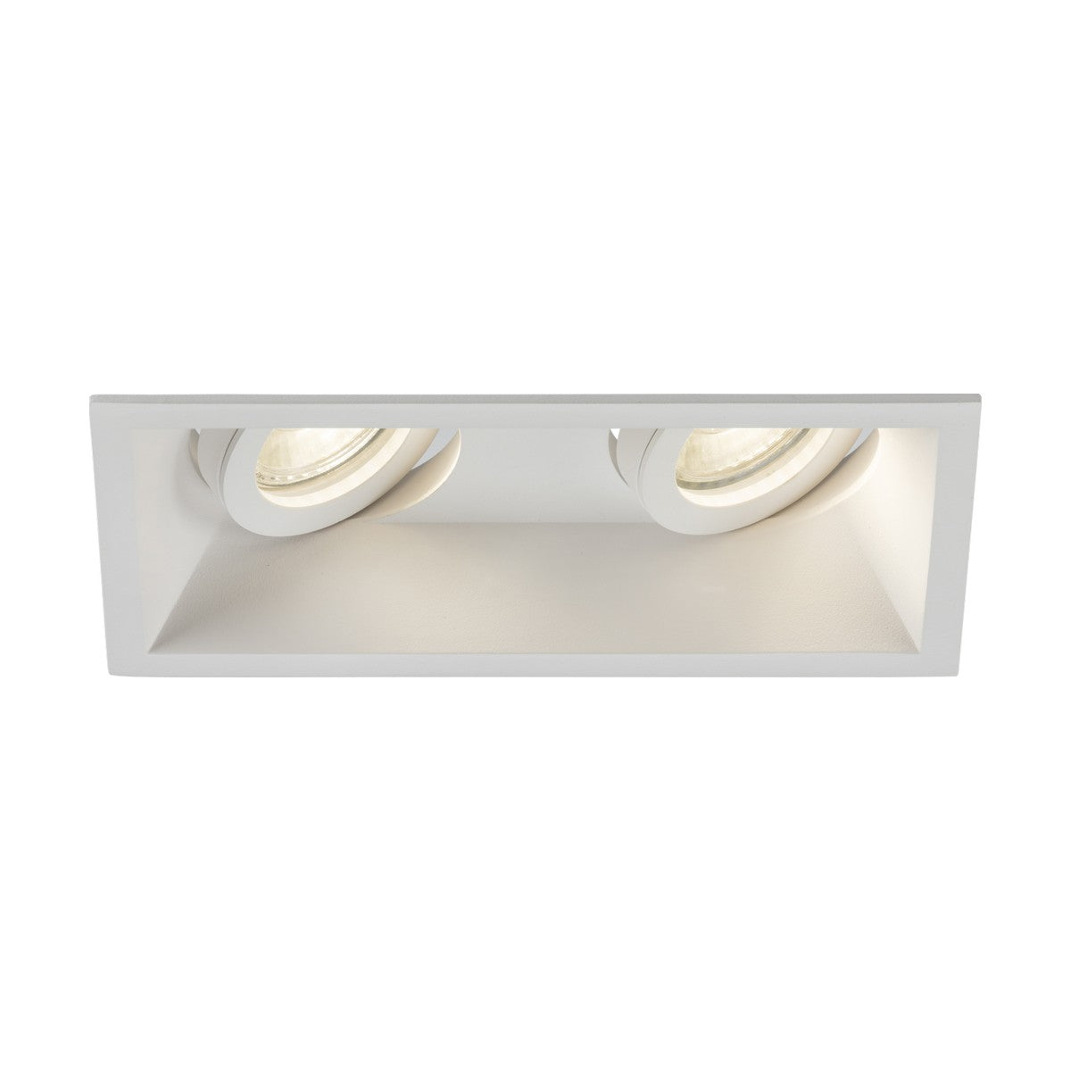 The Dipa Twin Tilt Recessed Square Downlight - White boasts an anti-glare design for comfortable viewing. It features two adjustable spotlights within a square frame, providing directional lighting and discreet illumination.