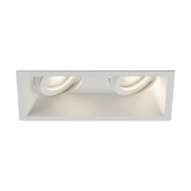 The Dipa Twin Tilt Recessed Square Downlight - White boasts an anti-glare design for comfortable viewing. It features two adjustable spotlights within a square frame, providing directional lighting and discreet illumination.