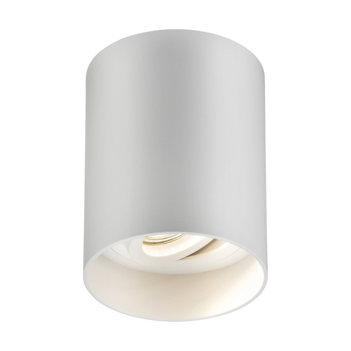 The Oran Surface Dimmable Tilt Round Downlight in white is a cylindrical ceiling light fixture with a smooth, minimalist design. Its matte-finished surface mount directs light downward, making it ideal for modern interior spaces.