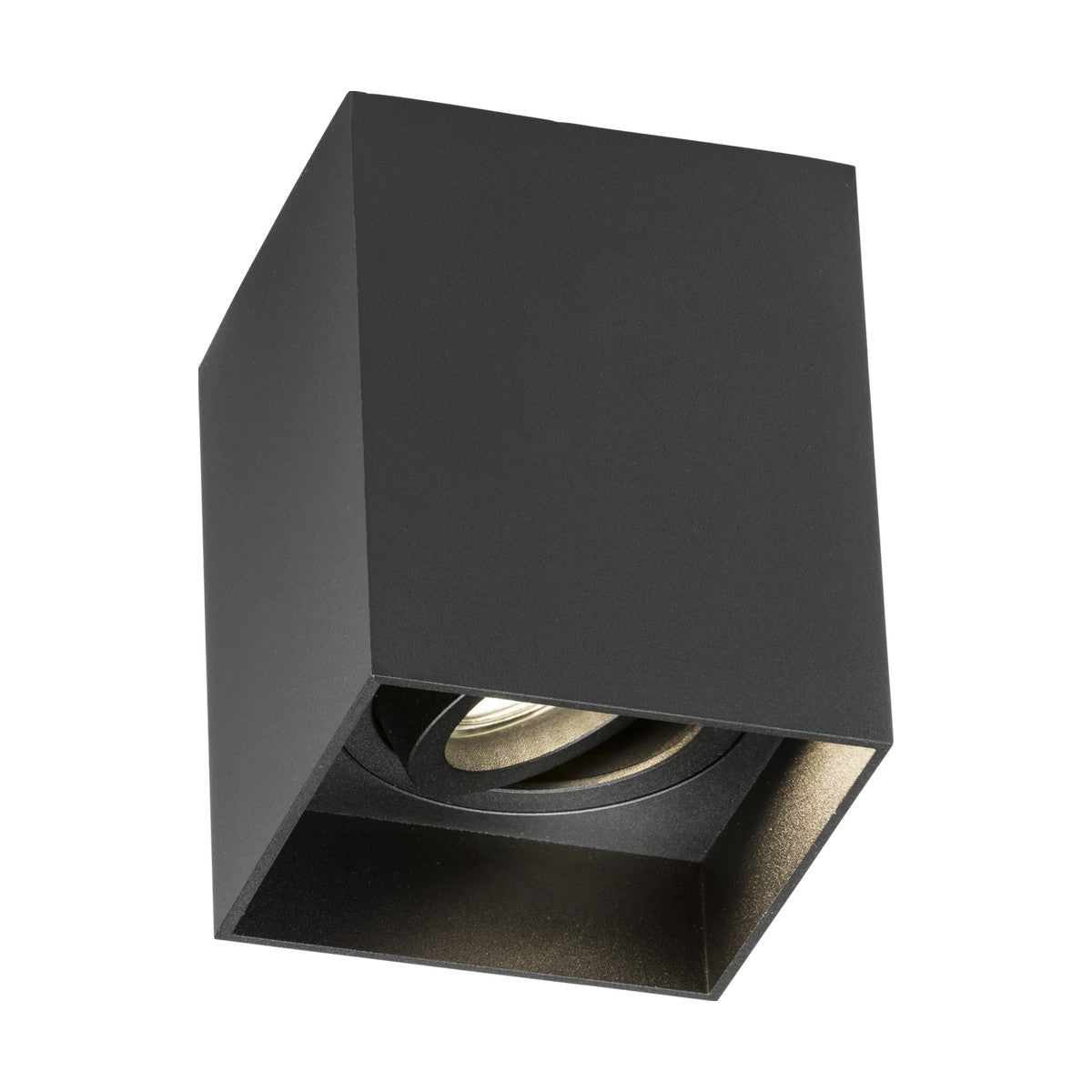 Get optimal illumination with the Oran Surface Dimmable Tilt Square Downlight in Black, a modern ceiling light fixture featuring a square design with an open bottom and a recessed Knightsbridge GU10 bulb.