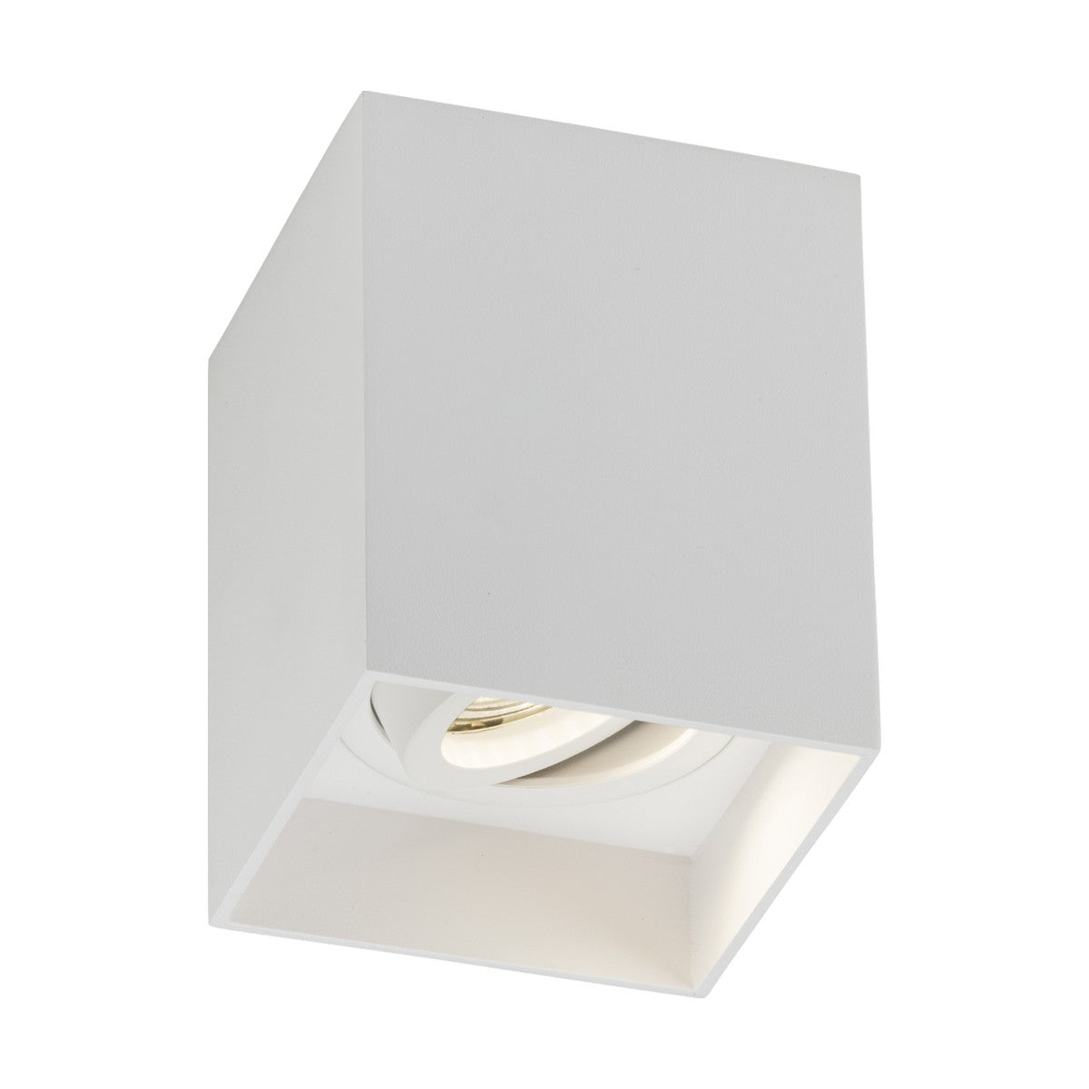 Upgrade your space with the Oran Surface Dimmable Tilt Square Downlight in white. This ceiling fixture boasts a recessed bulb and surface mount, embodying a minimalist design with its clean lines for a sleek and contemporary appeal.