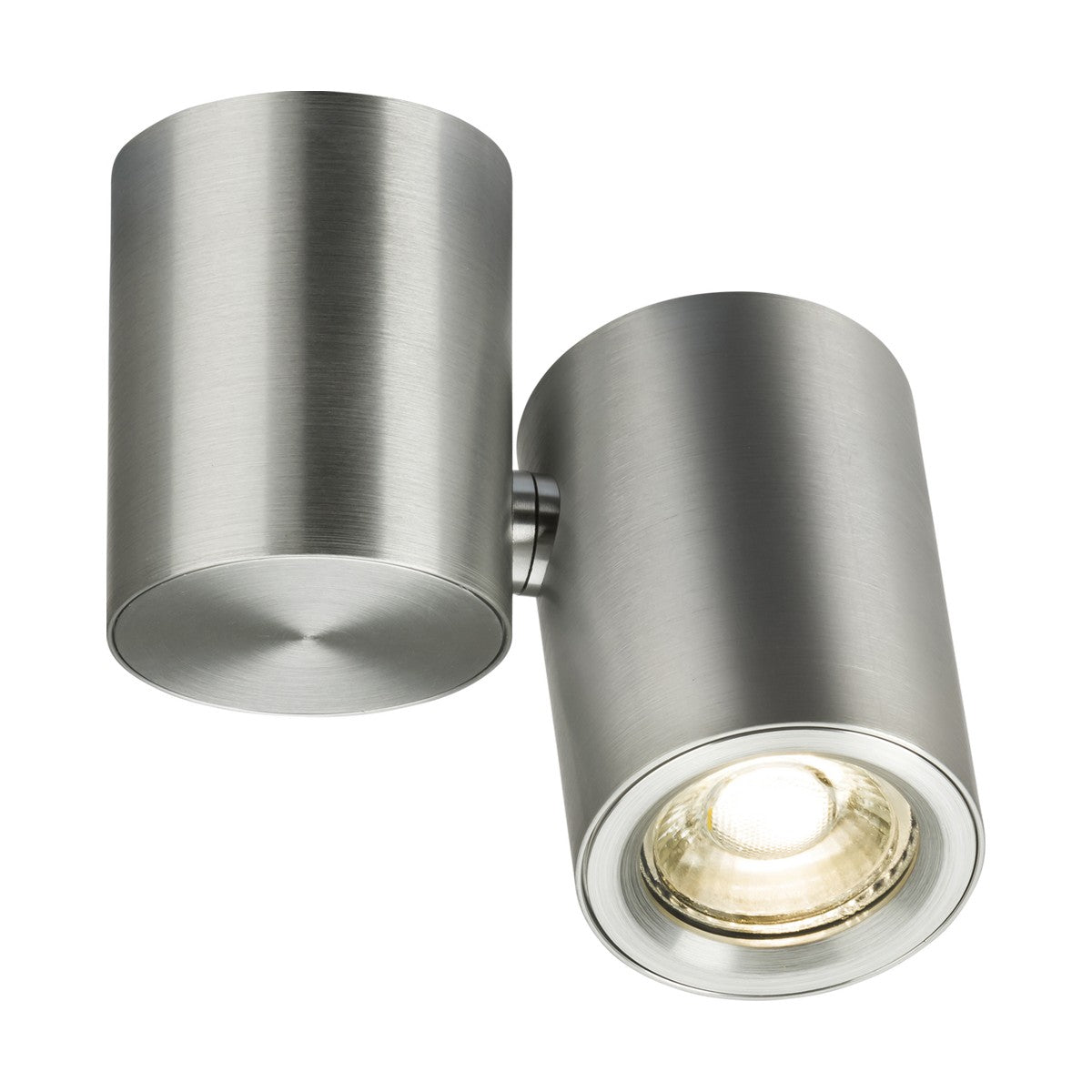 A contemporary Dee Single Round Spotlight in brushed chrome, featuring two cylindrical lights. This fixture offers adjustable lights with a sleek circular design, displaying one visible bulb that emits a warm glow.