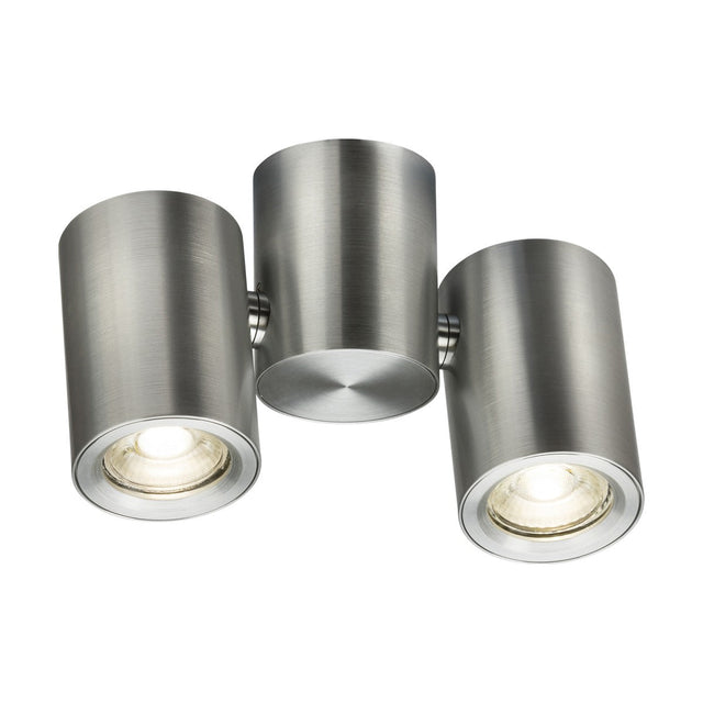 A contemporary ceiling light featuring the Dee Twin Round Spotlight in brushed chrome, equipped with three dimmable spotlights arranged in a triangular design. Each spotlight includes a clear glass cover for enhanced brightness.