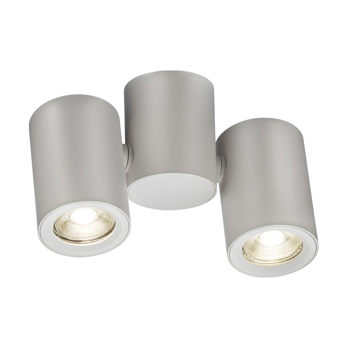 The Dee Twin Round Spotlight - White is a sleek and modern ceiling light fixture with a circular design, featuring three adjustable cylindrical spotlights on its round base. Two of the lights are angled outward for tailored directional illumination, while the third points downward, all casting a warm glow.