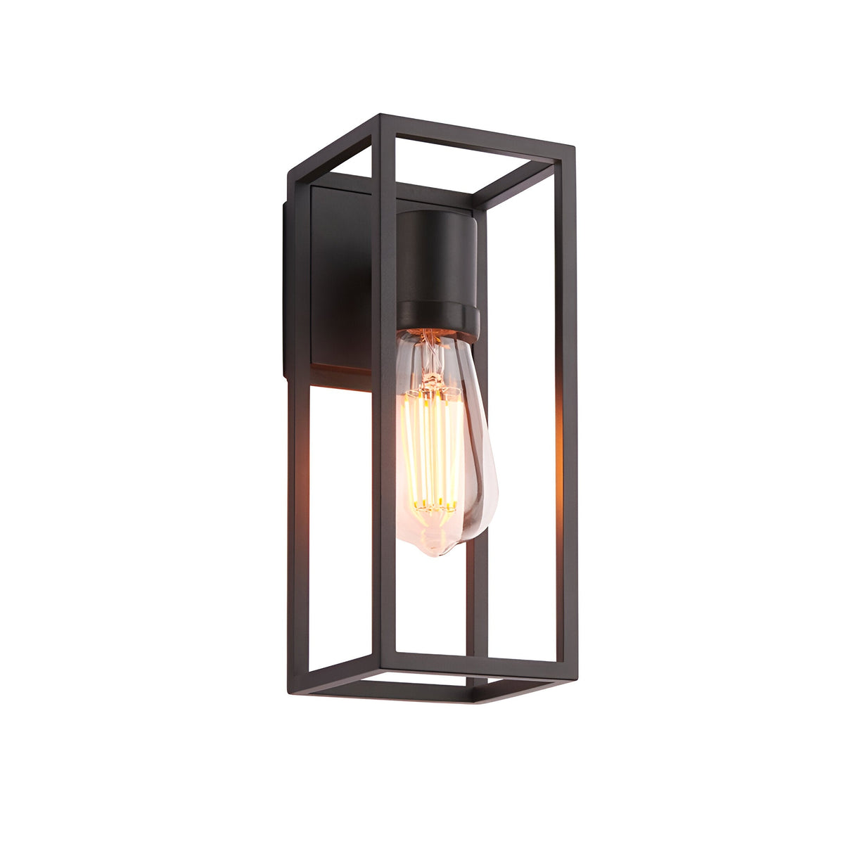 Brenford Outdoor Wall Light in black, open cage-style aluminium frame with exposed E27 filament bulb, shown on a plain white background.