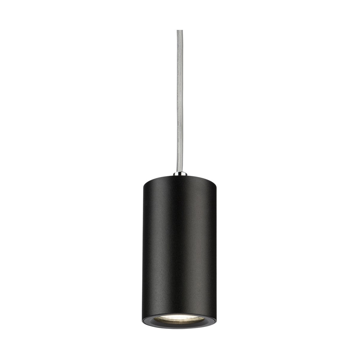 A contemporary, black cylindrical pendant light hangs from the ceiling on a thin cable, providing illumination from the Dasan Single Short Fixed Round Pendant Black with a spotlight shining downward.