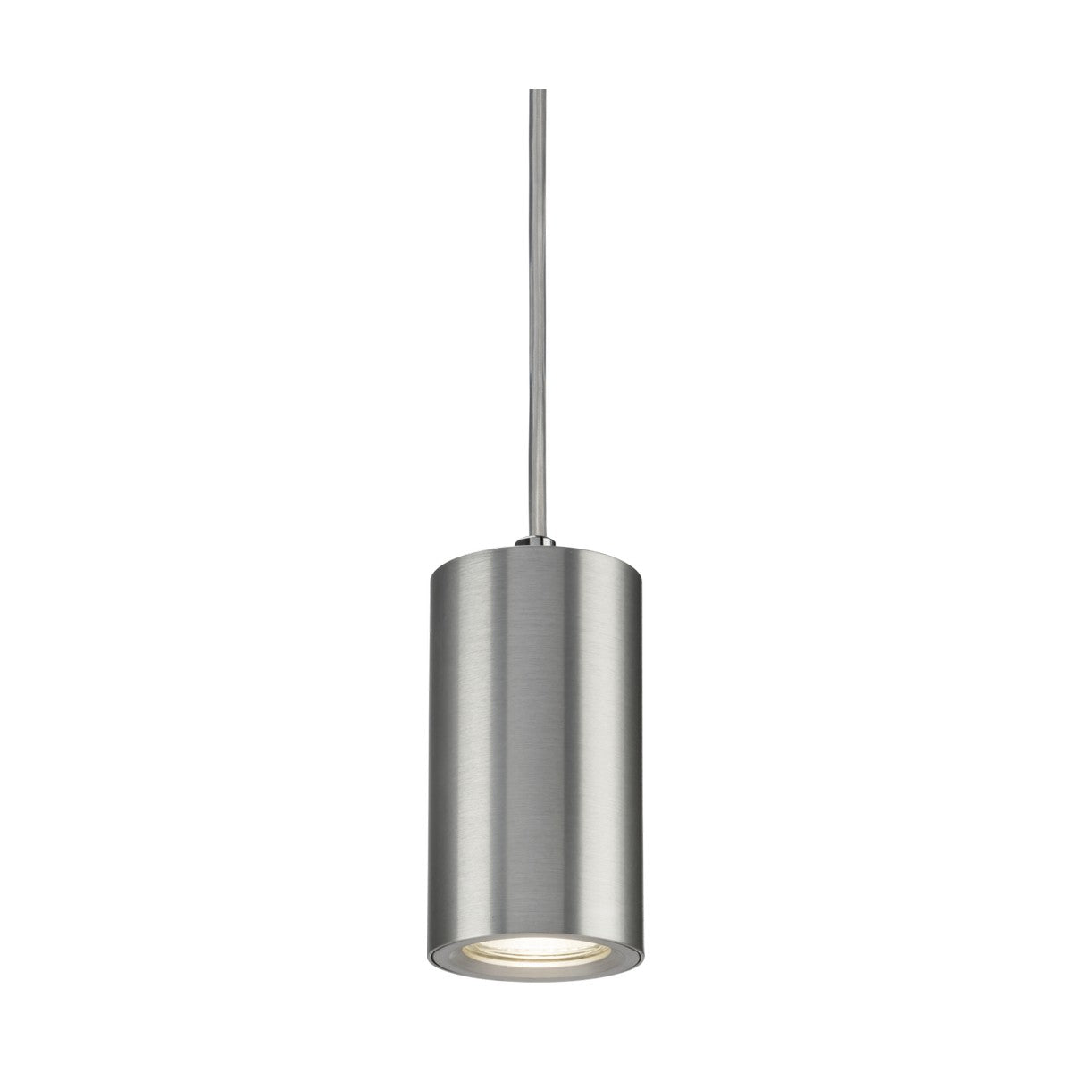 The Dasan Single Short Fixed Round Pendant in Brushed Chrome features a sleek, modern cylindrical design with a metallic finish that hangs from a straight cord. Its minimalist style and brushed metal texture deliver a contemporary aesthetic, while its FSC-approved packaging highlights its dedication to eco-friendly practices.