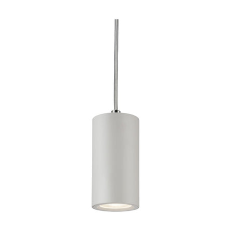 The Dasan Single Short Fixed Round Pendant in white boasts a cylindrical design with a smooth finish, hanging elegantly from a thin cord. Its downward illumination casts a soft glow, creating an inviting atmosphere.