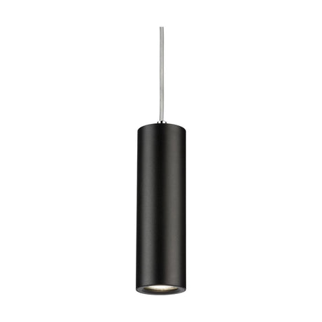 A sleek black cylindrical pendant light from the Dasan Single Long Fixed Round Pendant Black collection hangs from a cord against a white background. Its minimalist design features a smooth finish, is compatible with Knightsbridge GU10 bulbs, and directs light downwards, all packaged in FSC-approved materials for an eco-friendly touch.