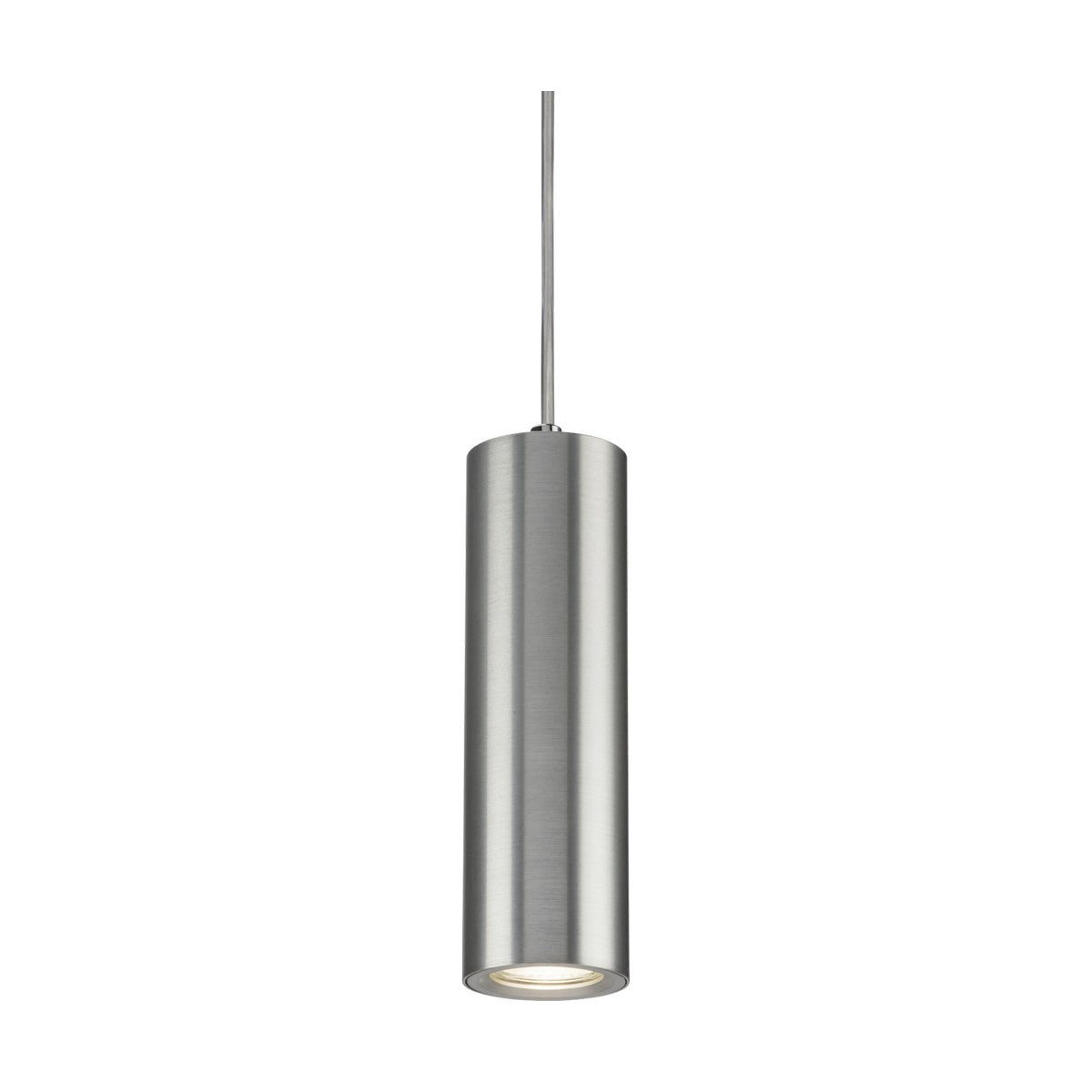 The Dasan Single Long Fixed Round Pendant in brushed chrome features a sleek cylindrical design that provides suspended illumination, hanging elegantly from a thin wire cord. This modern Knightsbridge GU10 fixture is perfect for contemporary interiors.