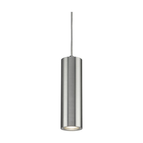 The Dasan Single Long Fixed Round Pendant in brushed chrome features a sleek cylindrical design that provides suspended illumination, hanging elegantly from a thin wire cord. This modern Knightsbridge GU10 fixture is perfect for contemporary interiors.