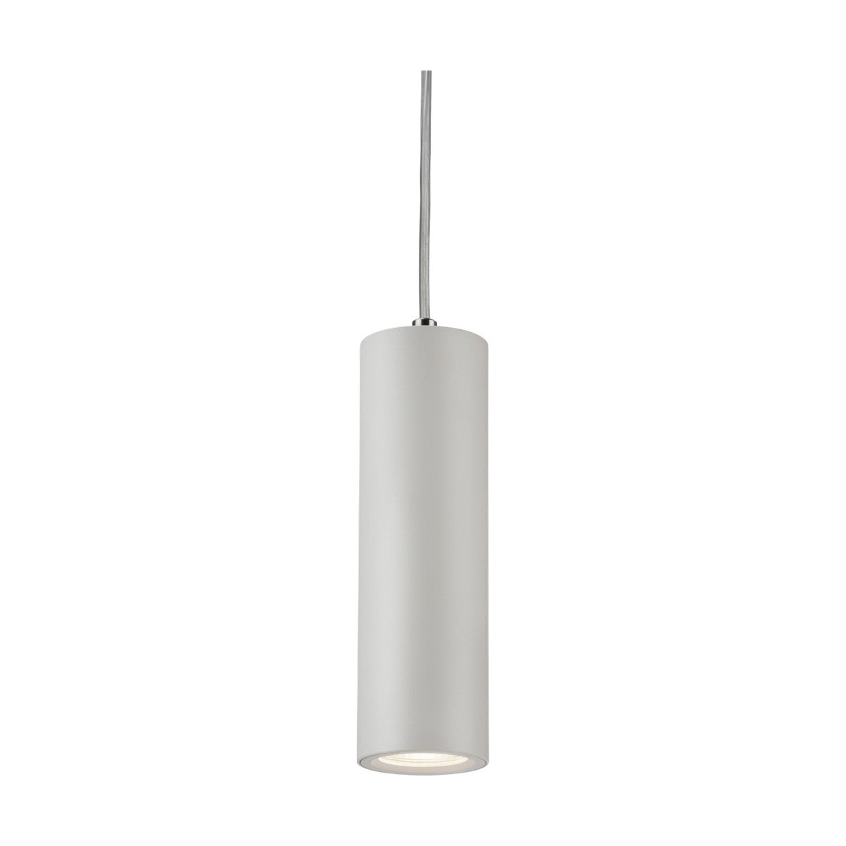 A sleek and modern Dasan Single Long Fixed Round Pendant in white, featuring a cylindrical aluminum body with a smooth white finish. It is suspended by a thin wire against a white backdrop and offers perfect compatibility with Knightsbridge GU10 bulbs for optimal lighting.