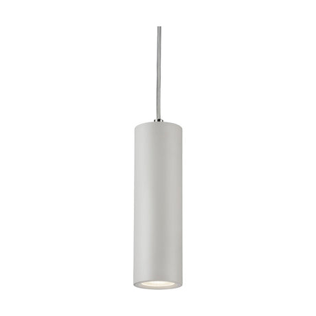 A sleek and modern Dasan Single Long Fixed Round Pendant in white, featuring a cylindrical aluminum body with a smooth white finish. It is suspended by a thin wire against a white backdrop and offers perfect compatibility with Knightsbridge GU10 bulbs for optimal lighting.