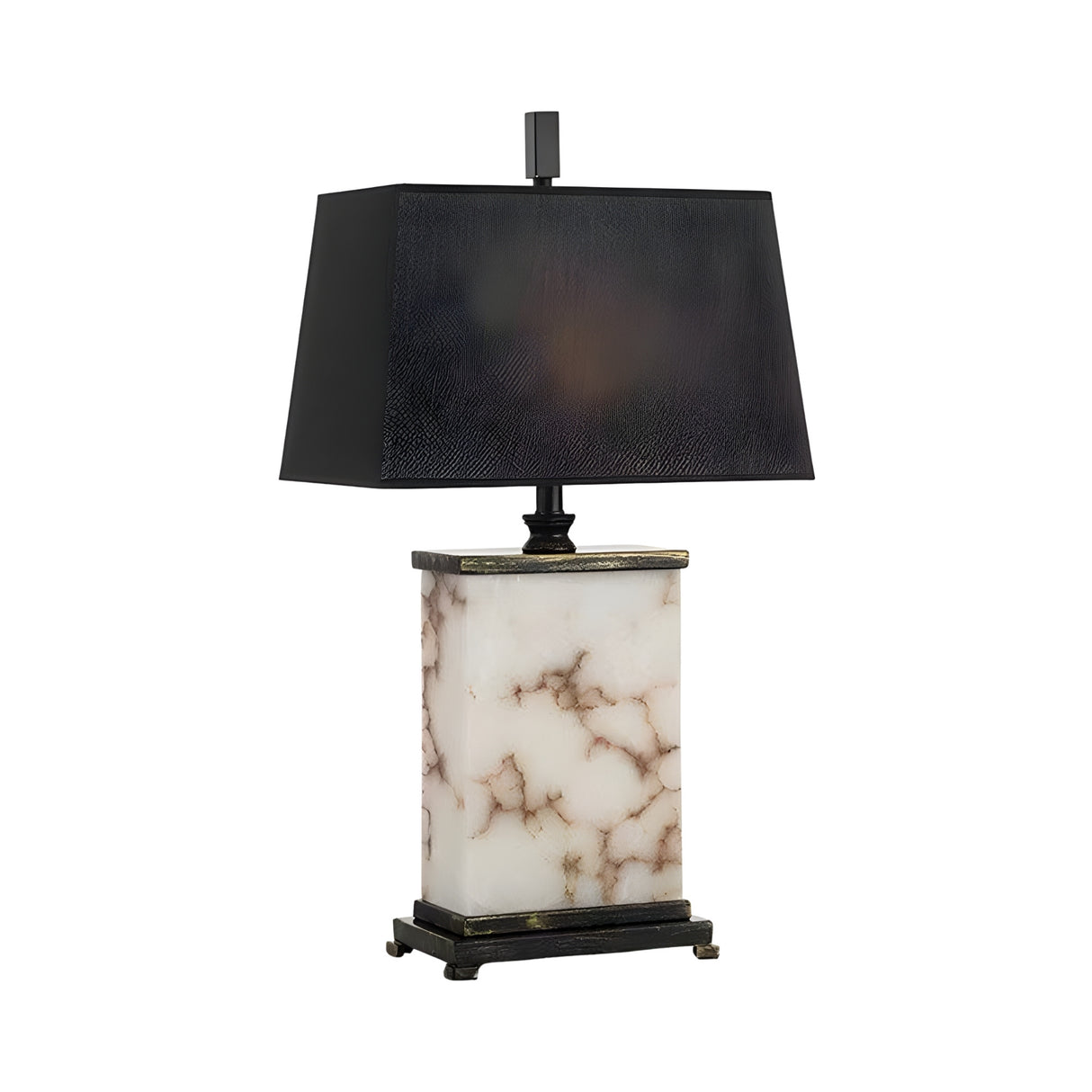 The Noctaryn 1 Light Rectangular Alabaster Table Lamp in Black & Soft White features a marble-patterned base with black veining, a black lampshade, and dark metallic accents for a refined look.