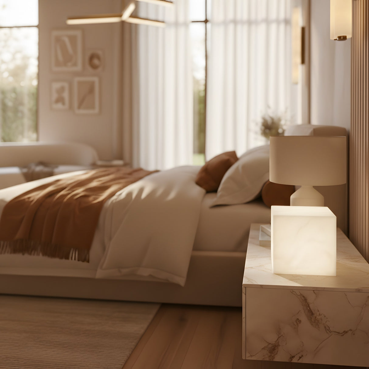 A sunlit modern bedroom features a neatly made bed with a brown blanket and pillows. A marble nightstand displays the glowing Cubara LED Large Cube Alabaster Table Lamp – Soft White and a small lamp, while sheer curtains diffuse the natural light from large windows.
