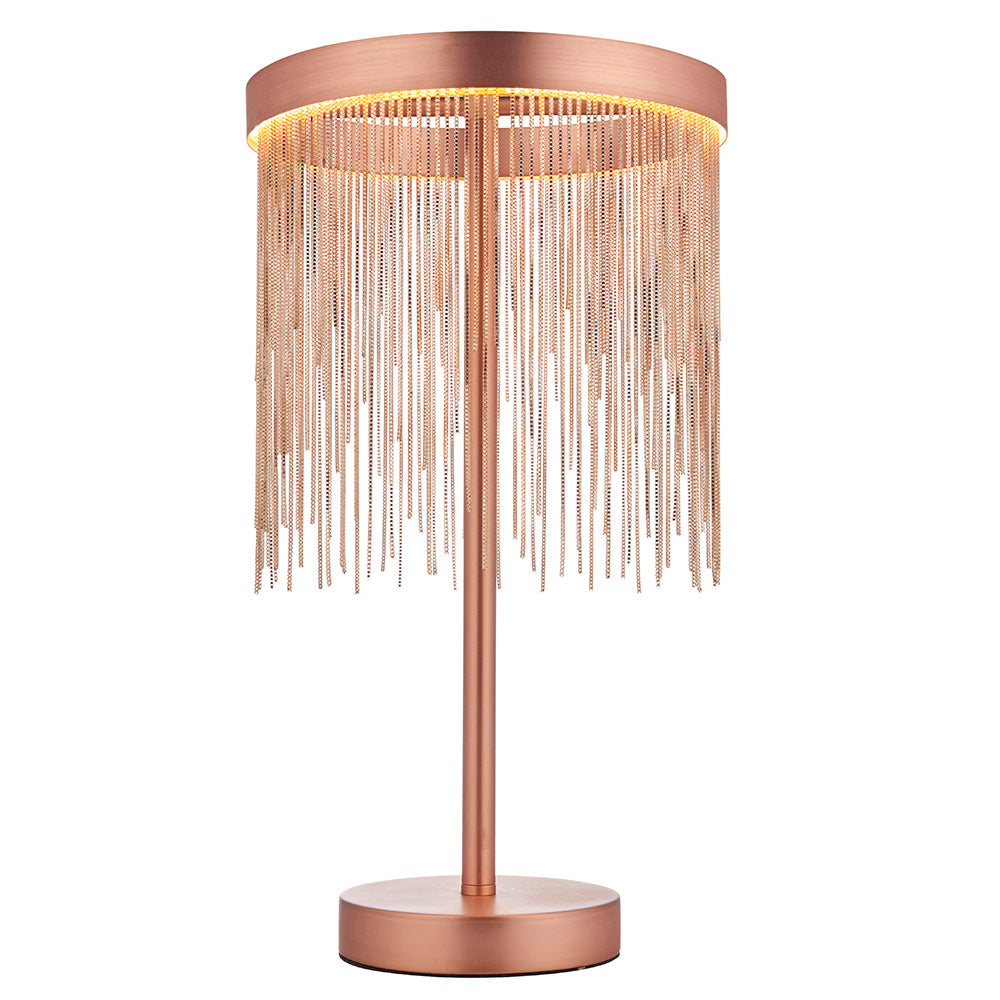 Endon Danestead brushed copper table lamp with LED ring and cascading copper-toned chains on a cylindrical stem and round base.