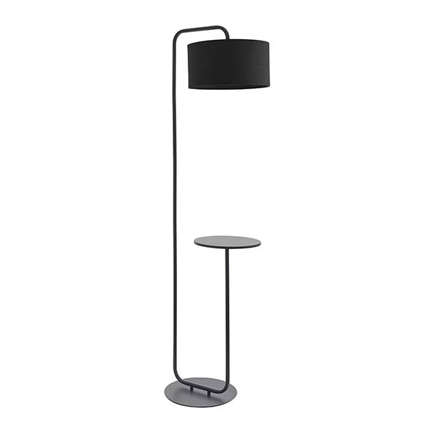 Caldfield Floor Lamp in satin black metal with black fabric cylinder shade and built-in round side table on a curved base, plain white background.