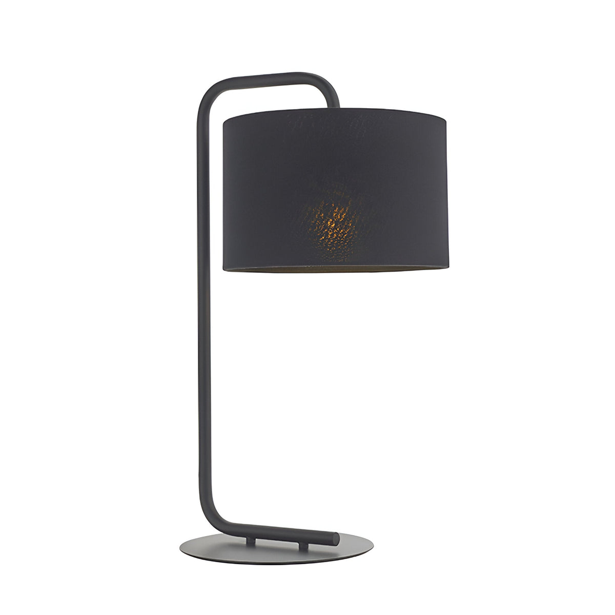 Caldfield Table Lamp in satin black, featuring a curved metal stand and drum fabric shade, shown on a plain white background.