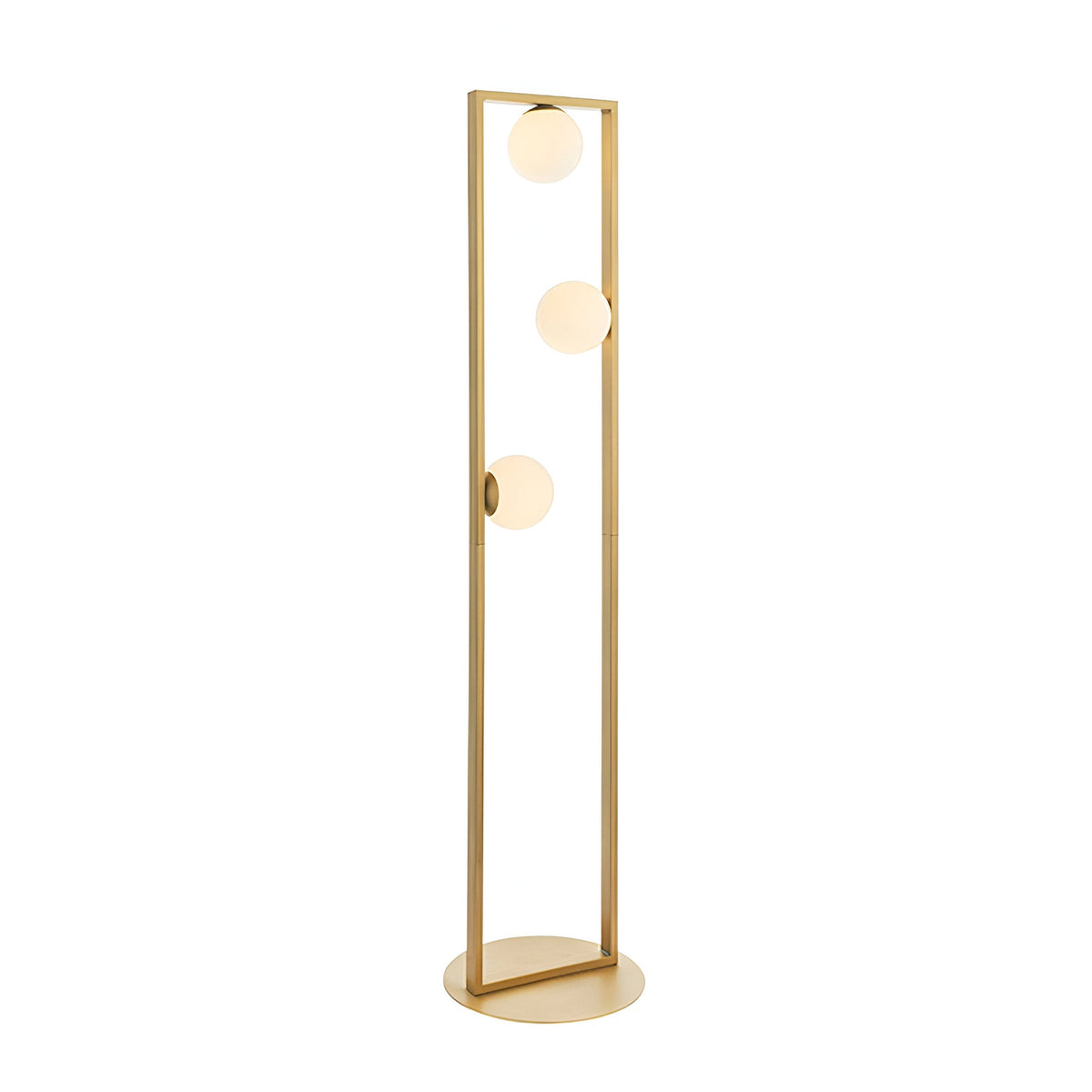 Cranford 3 Light Floor Lamp in brushed gold, tall angular metal frame with three opal glass spheres and round base, on a plain white background.