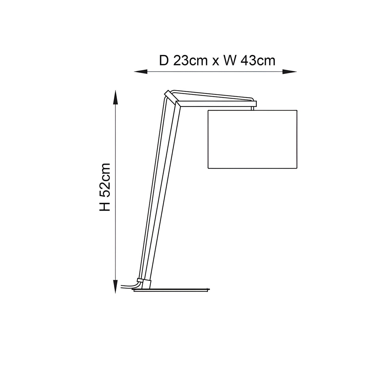 Dimension diagram of the Endon Carlfield cantilevered table lamp showing 52cm height, 43cm width and 23cm depth on a plain background.