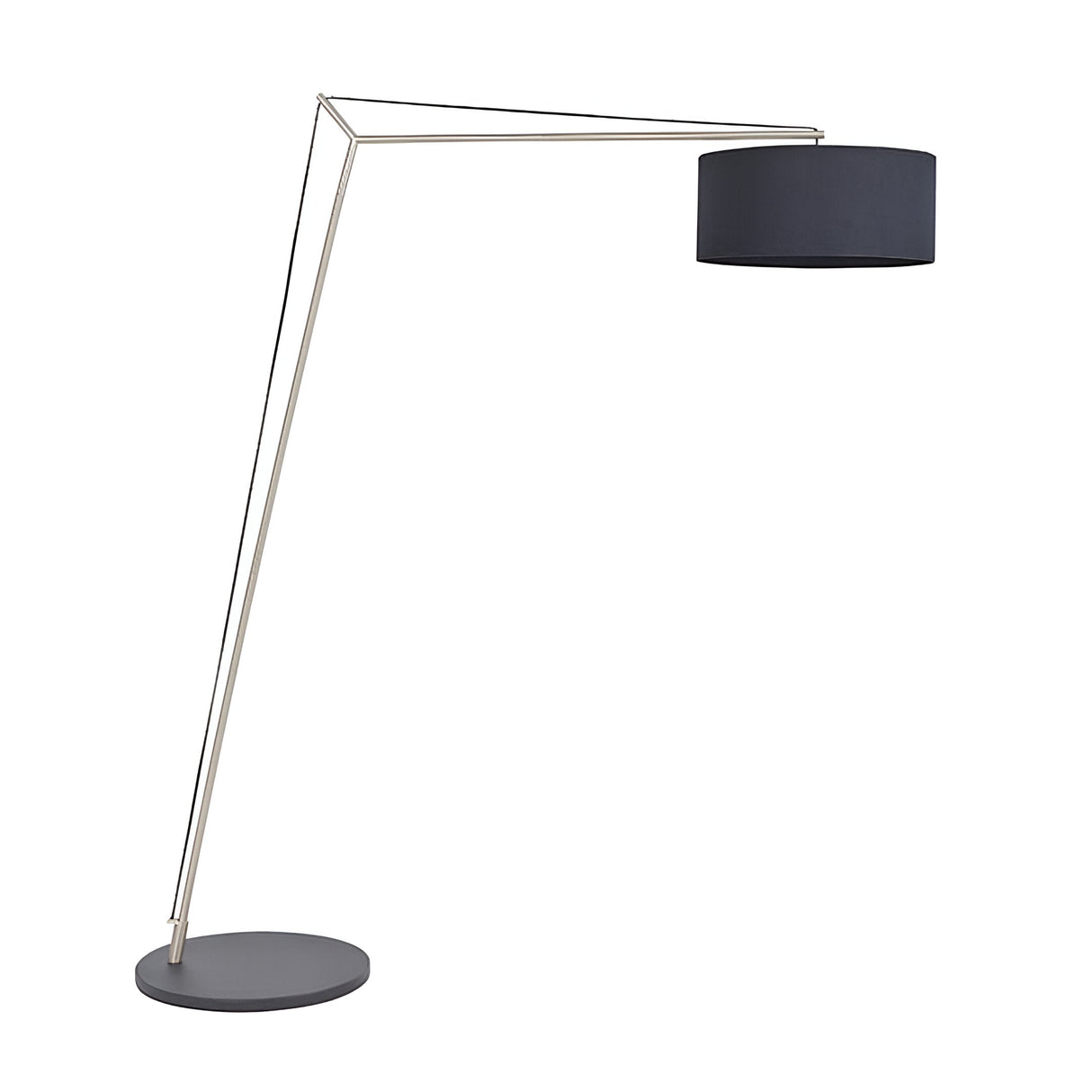 Carlfield Floor Lamp in matt nickel with a cantilevered arm, black fabric drum shade, and matt black round base, shown on a plain white background.