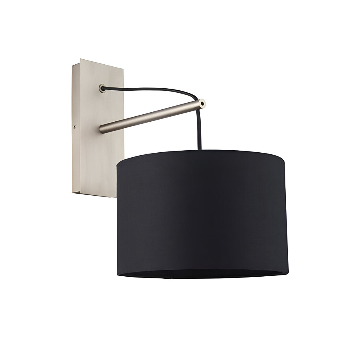 Carlfield Wall Light in Nickel, a cantilevered design with a matt nickel stem, black base, and black fabric drum shade, shown on a plain white background.