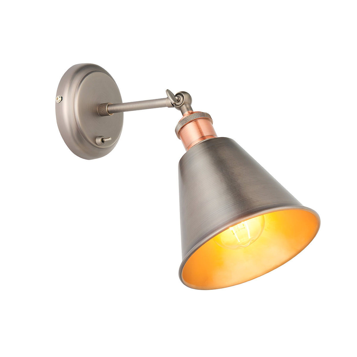 Endon Brackley industrial wall light with adjustable conical shade, aged pewter and antique copper finish, toggle switch, and E27 filament bulb.