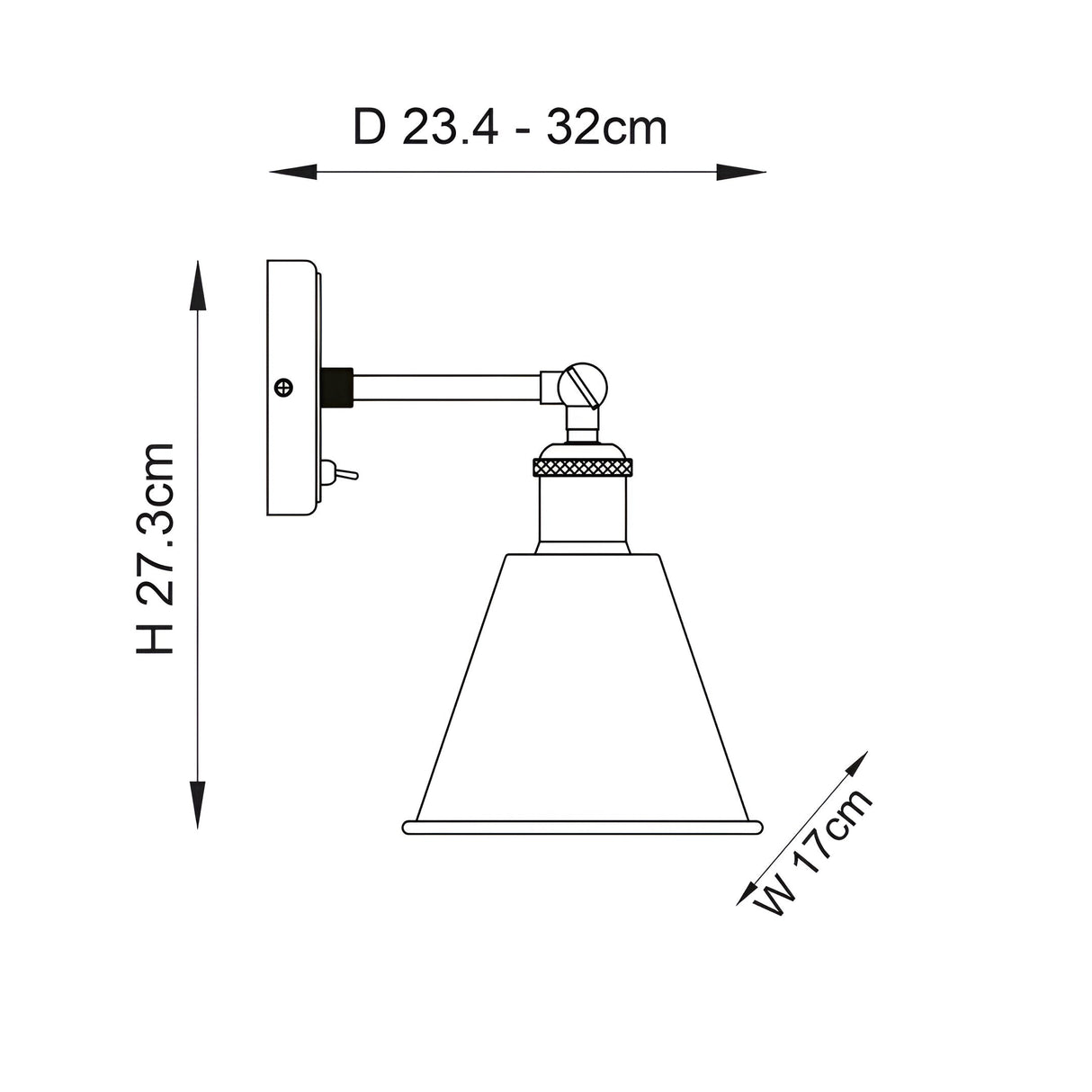 Dimension diagram of the Endon Brackley wall light showing height 27.3cm, width 17cm and adjustable projection 23.4–32cm on a white background.