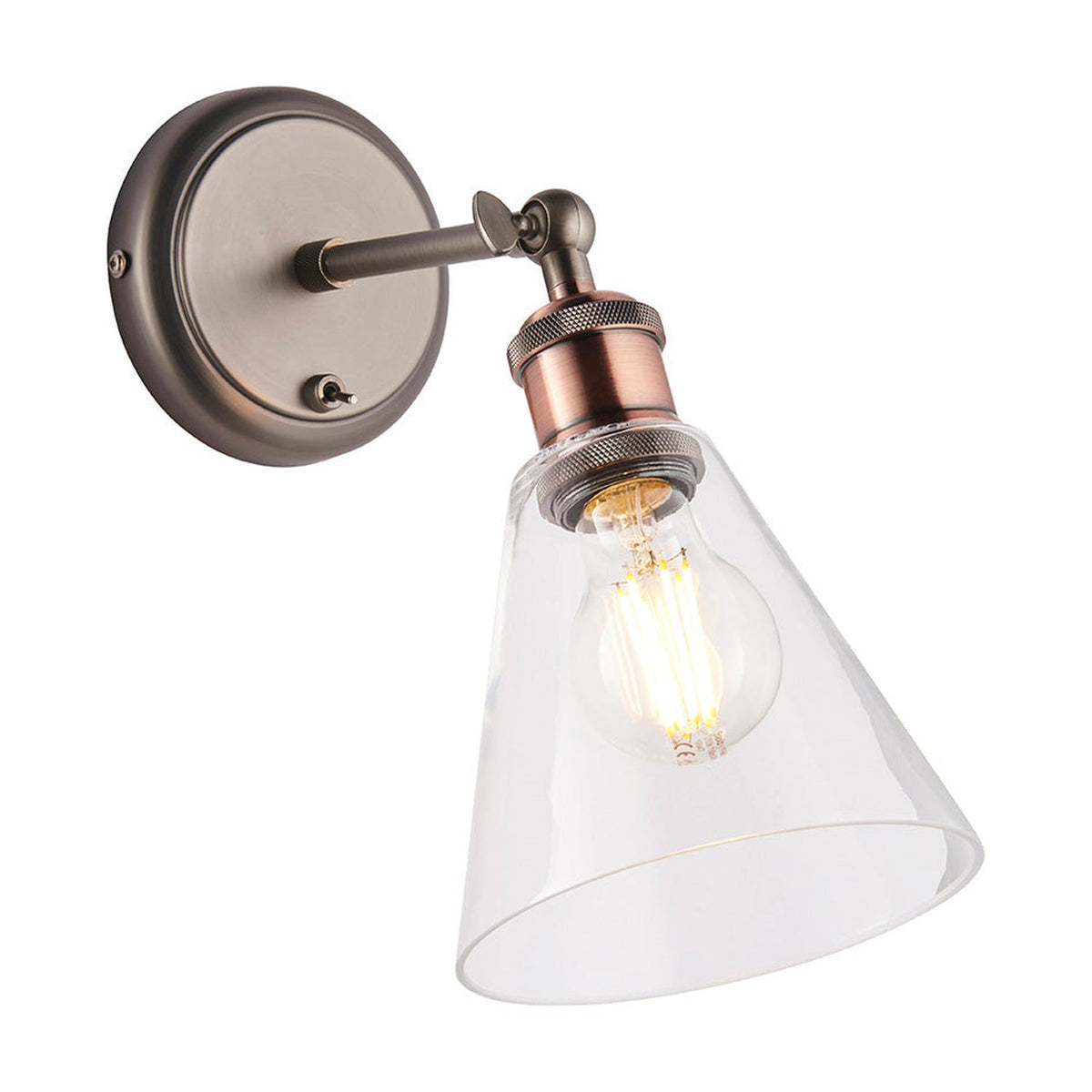 Brackley industrial wall light with round pewter backplate, adjustable copper fitting and cone-shaped clear glass shade with exposed bulb.