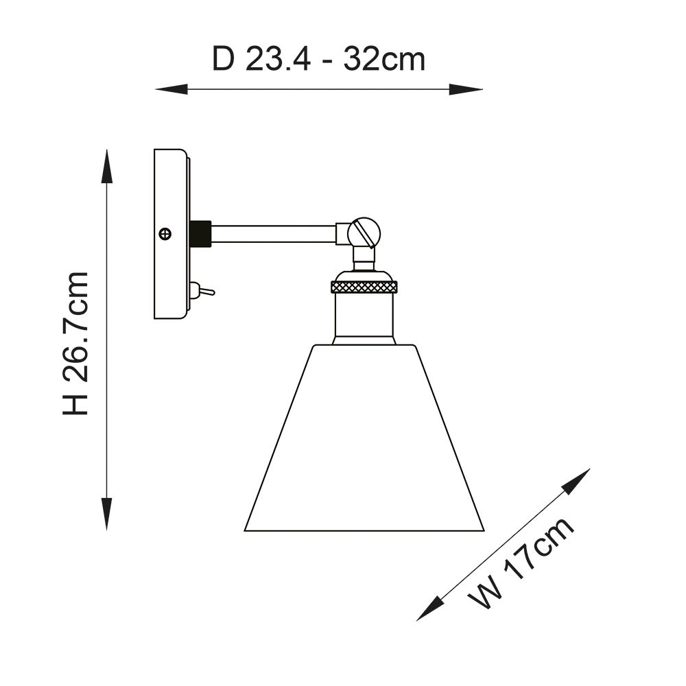 Technical line drawing of the Brackley industrial wall light with cone glass shade, showing 26.7cm height, 17cm width, 23.4-32cm adjustable projection.