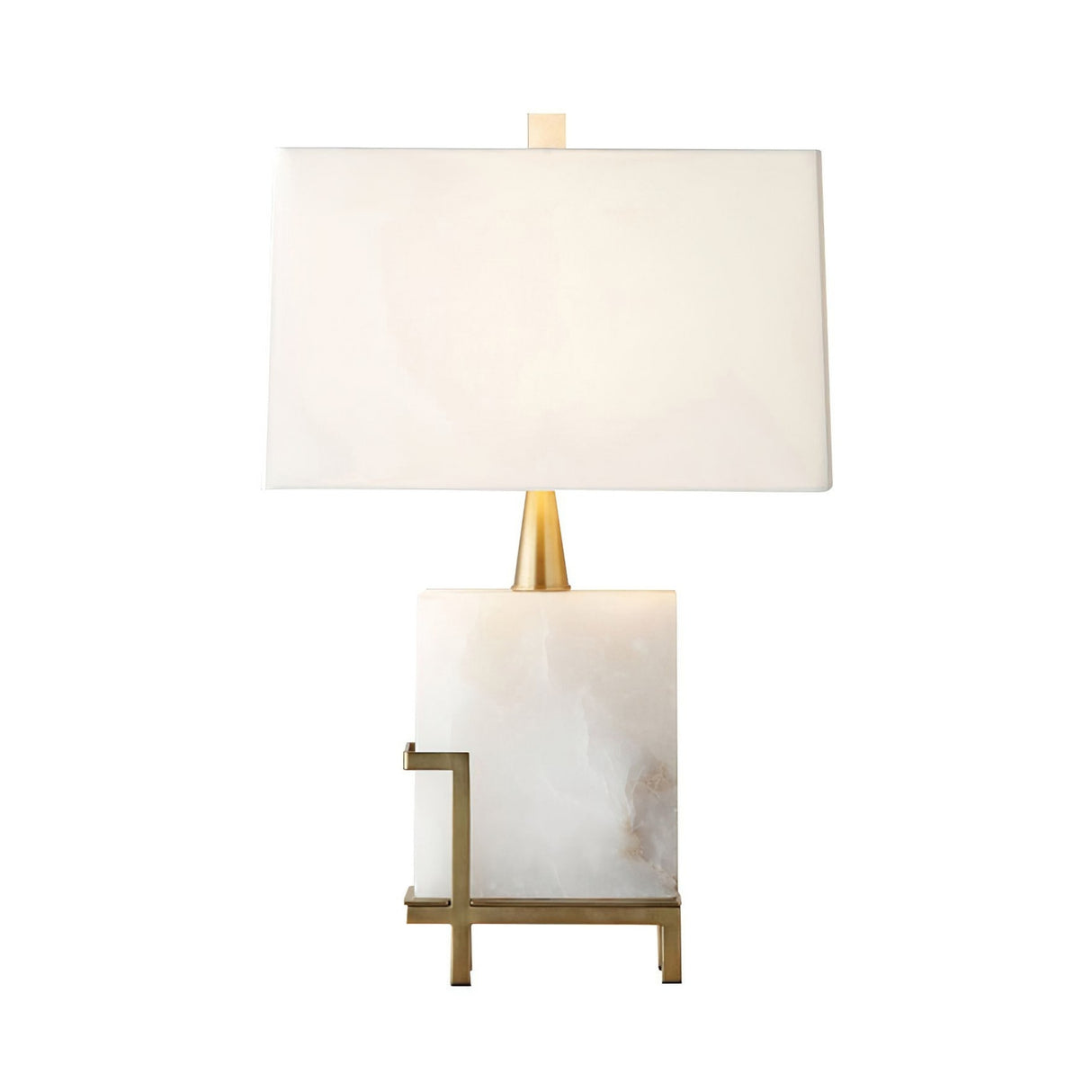 The Lumenis 1 Light Alabaster Table Lamp features a brass and soft white finish, a sleek rectangular lampshade, a square marble base, and elegant gold accents for sophisticated modern lighting.