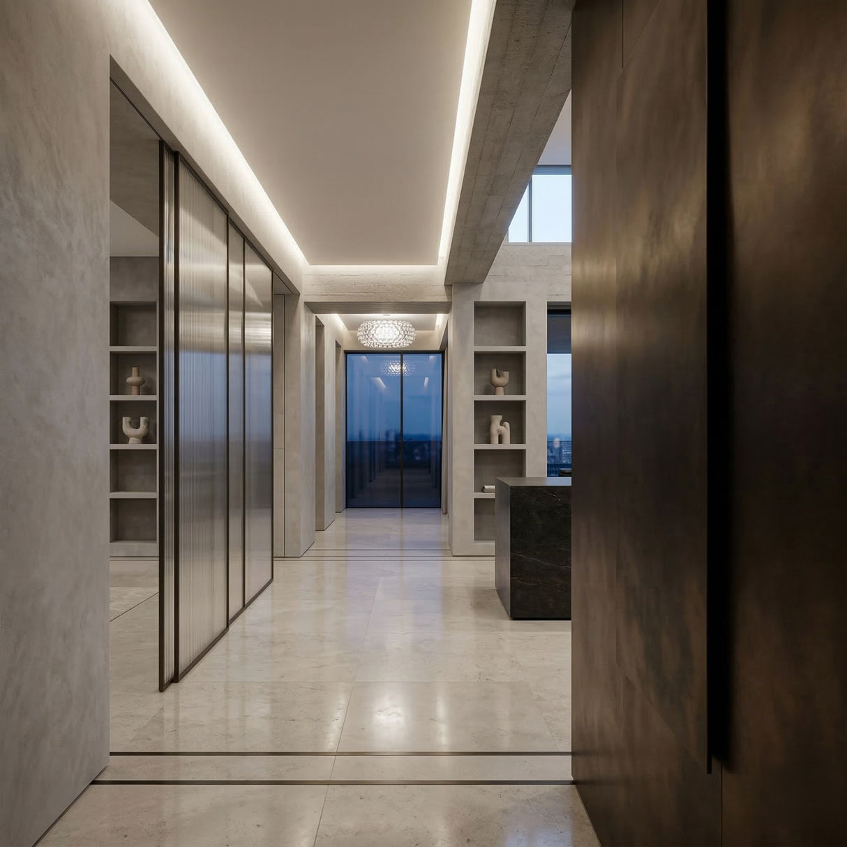 Modern, minimalist hallway with marble floors, a reflective wall, built-in shelves displaying abstract sculptures, and floor-to-ceiling windows with a dusk city view. The Briller LED Large Suspension Light - Clear and soft ceiling lights illuminate the space.