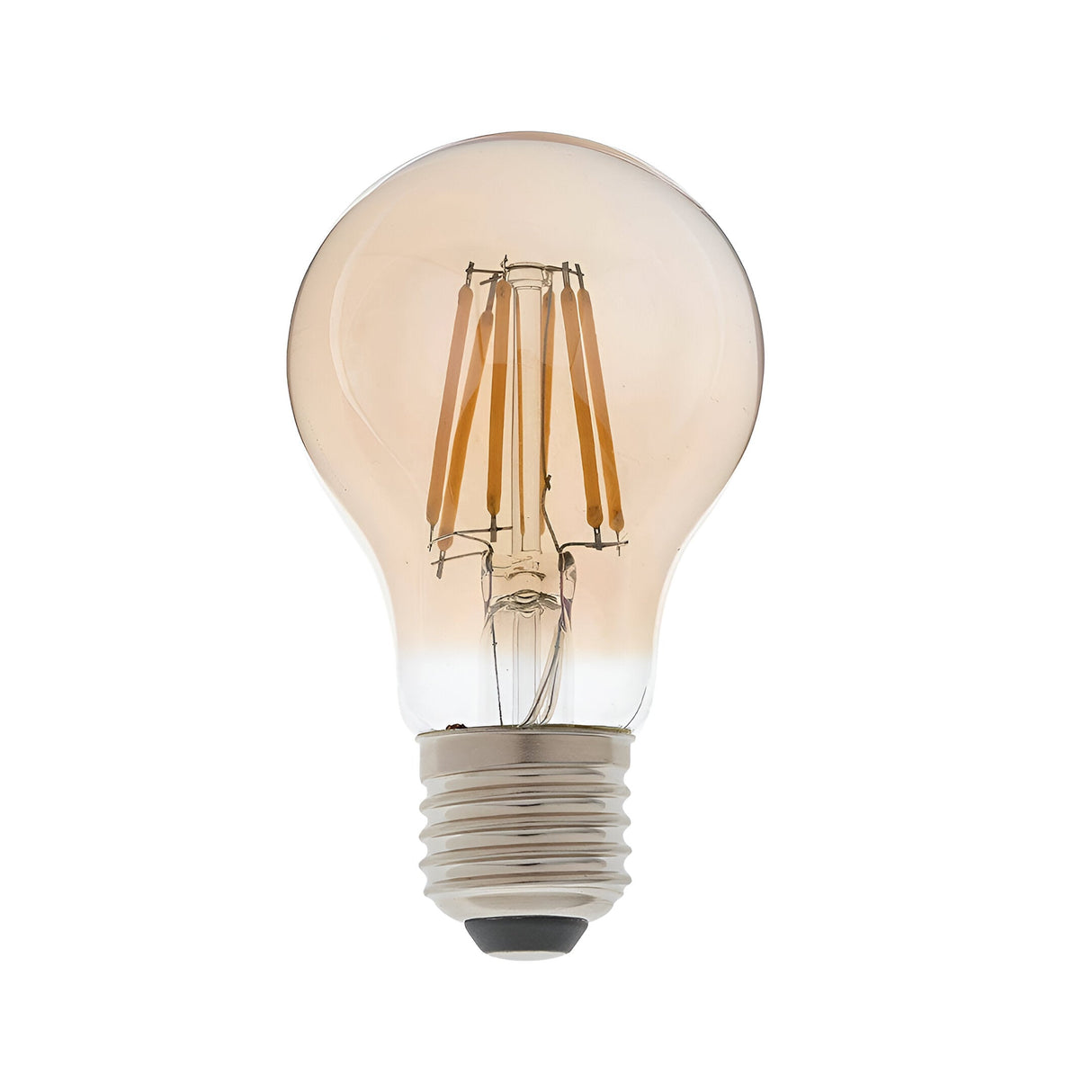 Endon 6W E27 amber GLS LED filament bulb, dimmable warm white, with tinted glass and metal screw cap, shown on a plain white background.