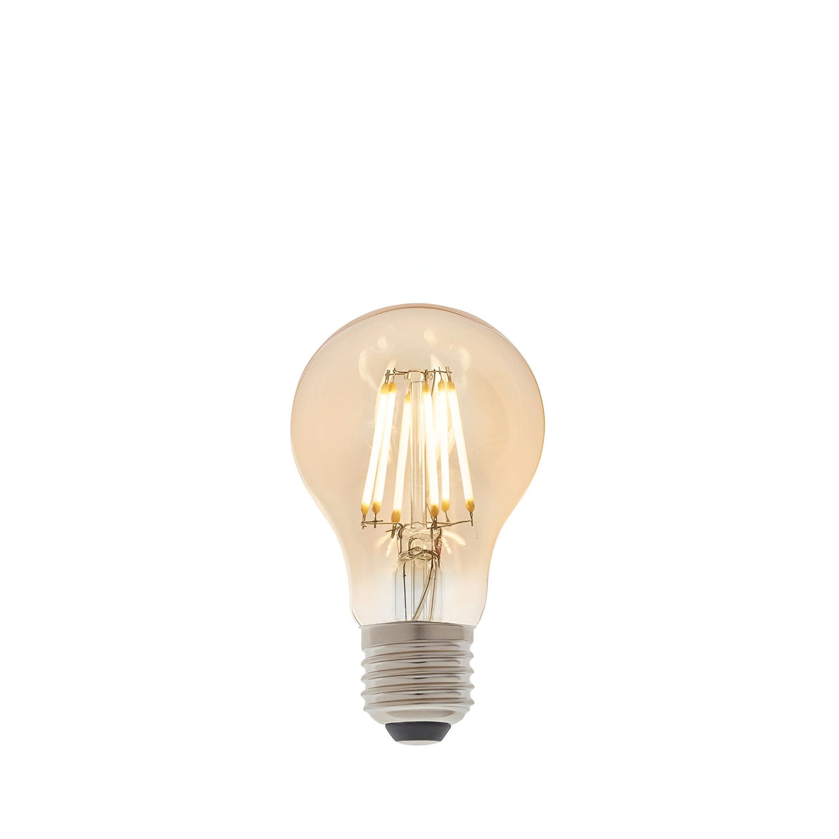 Endon 6W E27 LED filament GLS bulb with amber tinted glass and visible warm white filaments above a screw cap base, shown on a plain white background.