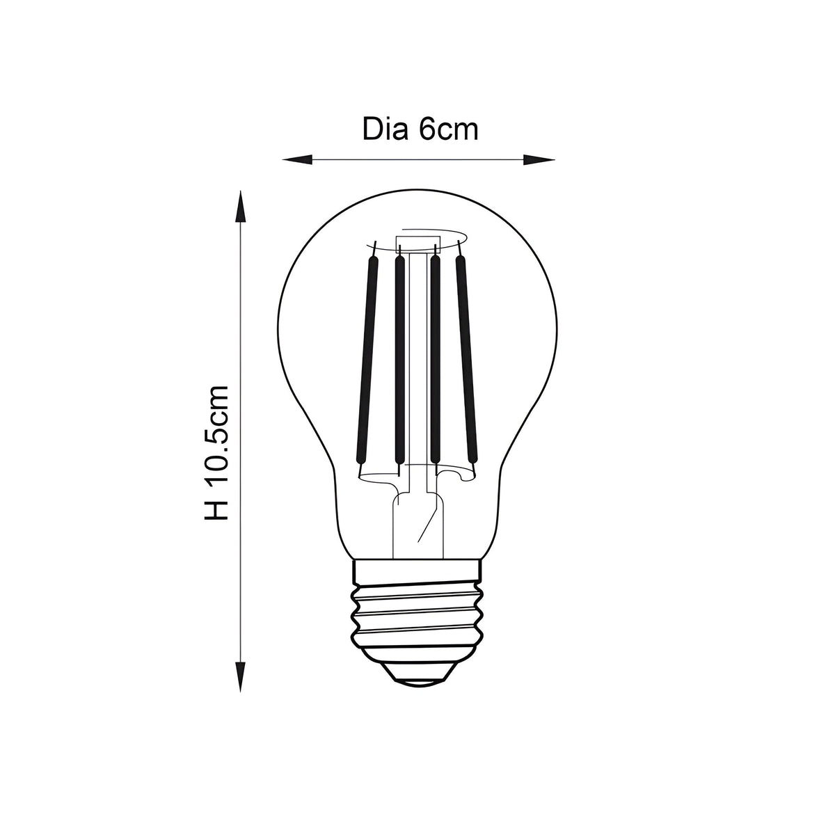 Technical dimension diagram of the Endon 6W E27 LED filament GLS bulb, showing 6cm diameter and 10.5cm height with screw cap base.