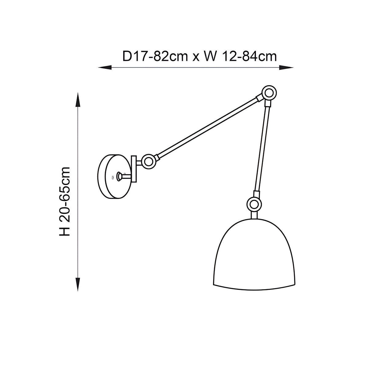Line drawing of the Caldhurst Wall Light showing an adjustable two-arm design with dome shade, plus dimensions: H 20-65cm, D17-82cm x W12-84cm.