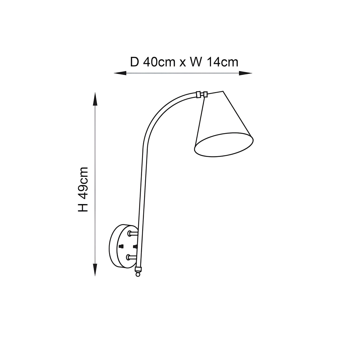 Line drawing of the Chartmere Wall Light in antique brass, showing a curved arm with cone shade, dimensions H49cm x D40cm x W14cm.