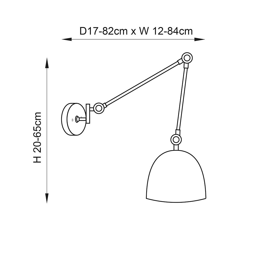 Dimension diagram of the Endon Caldhurst wall light showing adjustable arm with height 20-65cm and reach of 17-82cm by 12-84cm.