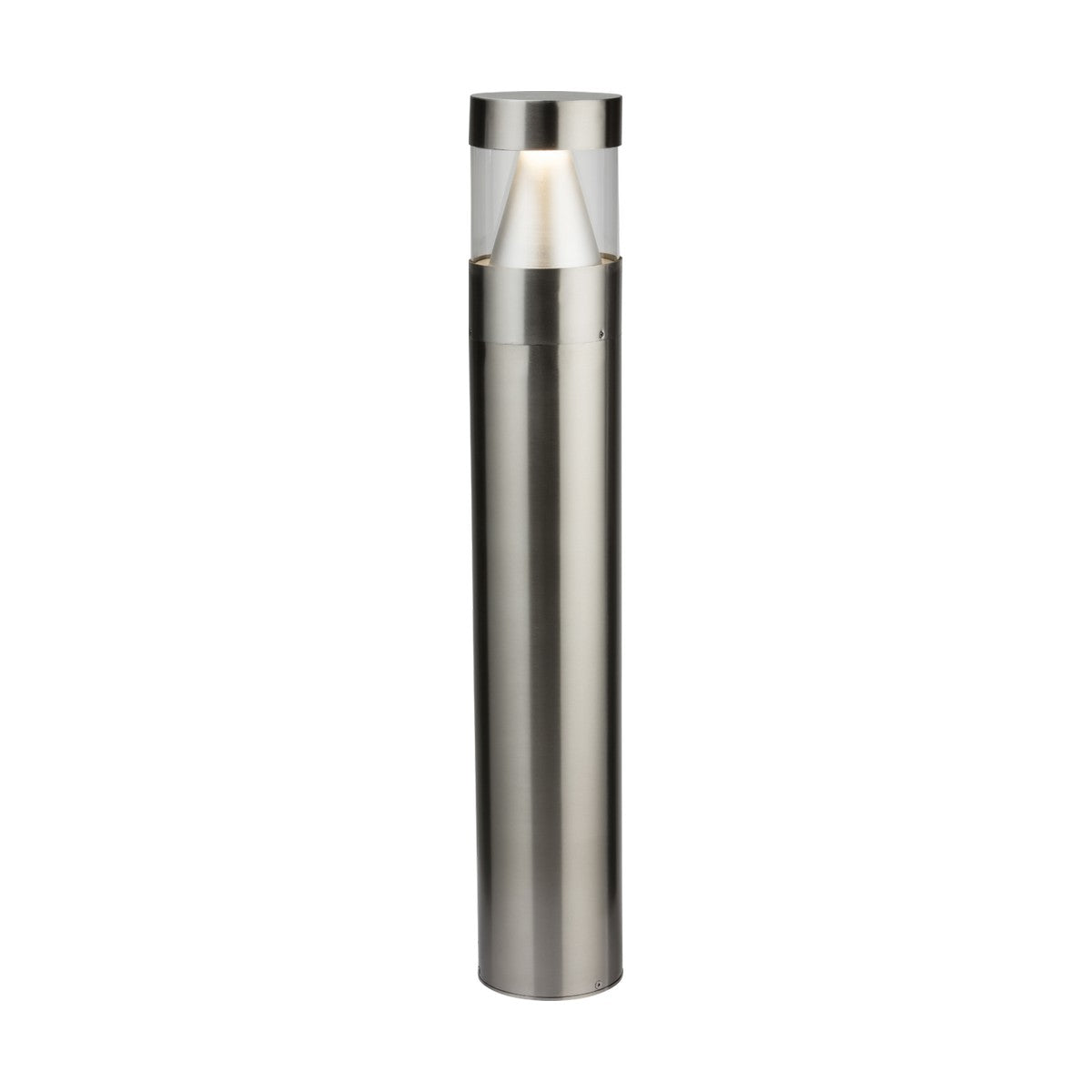 The 15W LED Bollard Light, standing at 95cm, features a tall, cylindrical stainless steel structure with a frosted glass top enclosing a soft glowing bulb. Its sleek and modern design includes warm white SMD LED lighting, perfect for garden or pathway illumination. The background is plain white.