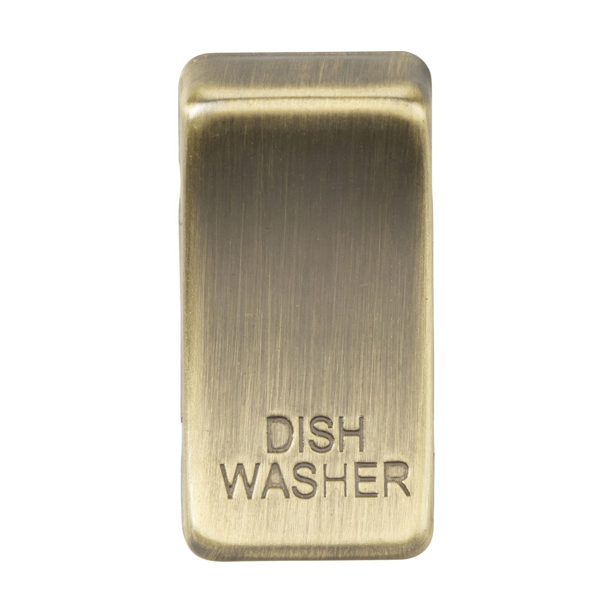 A rectangular, antique brass switch cover marked with "DISHWASHER," featuring a classic look with slightly rounded edges and an antique brass brushed finish.